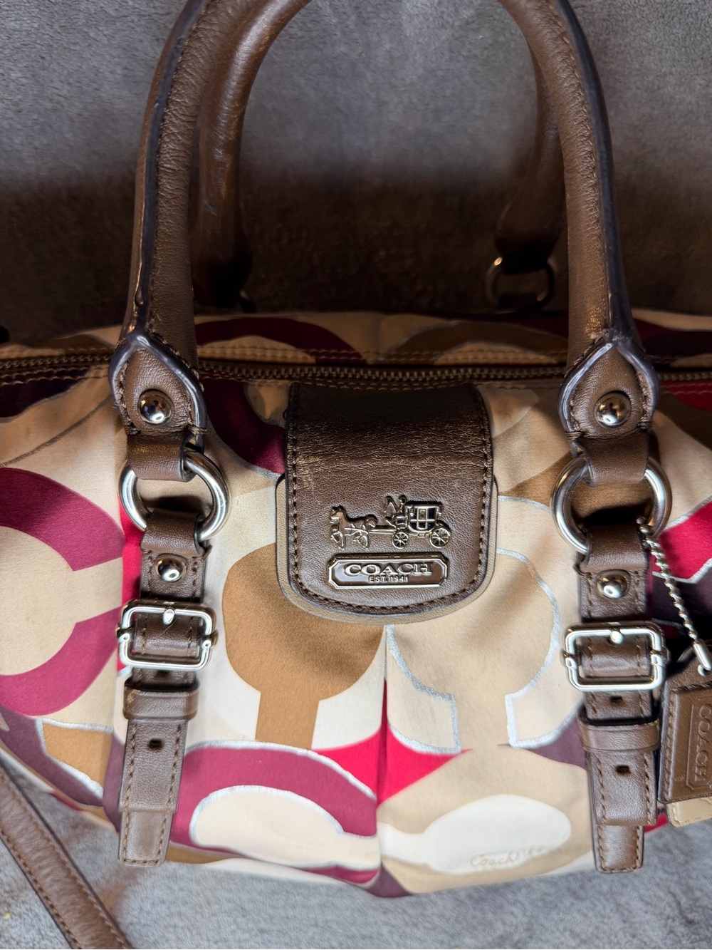 Coach Op Art Multicolor Satin Monogram Satchel with Brown Leather Trim - Picture 4 of 11